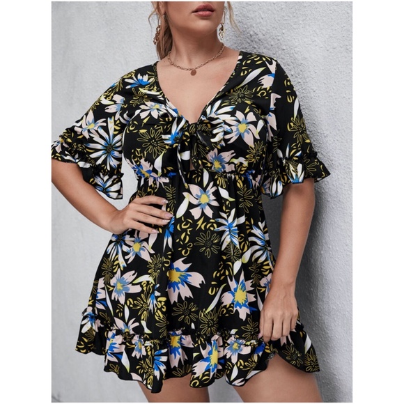 Dresses & Skirts - PLUS SIZE Floral Front Tie Ruffle Midi Dress Black